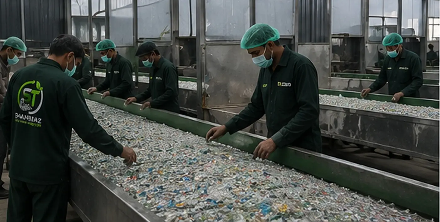 Workers sorting PET bottles