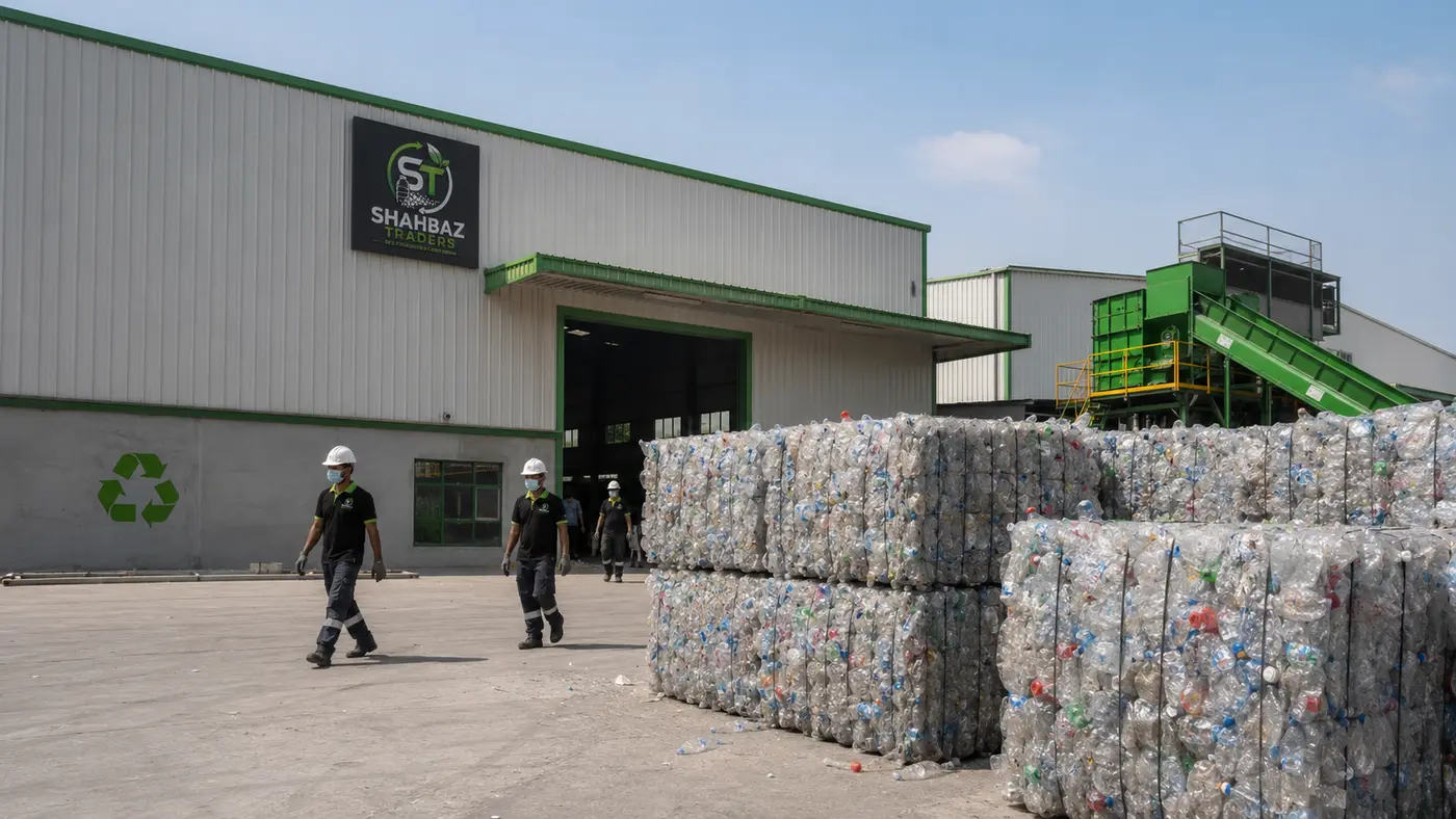 Baled PET plastic at the factory