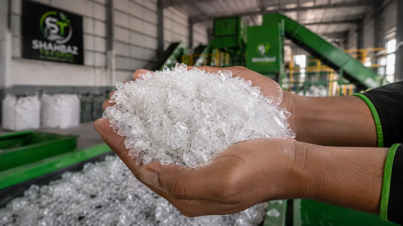 Hands holding clean recycled rPET flakes